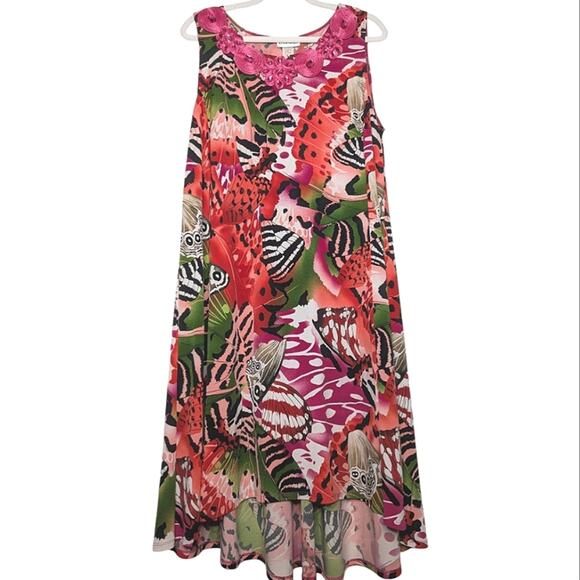 Vintage 90s Y2K Butterfly Floral Rhinestone Applique Boho Coastal Swing Dress 14 - Picture 1 of 7